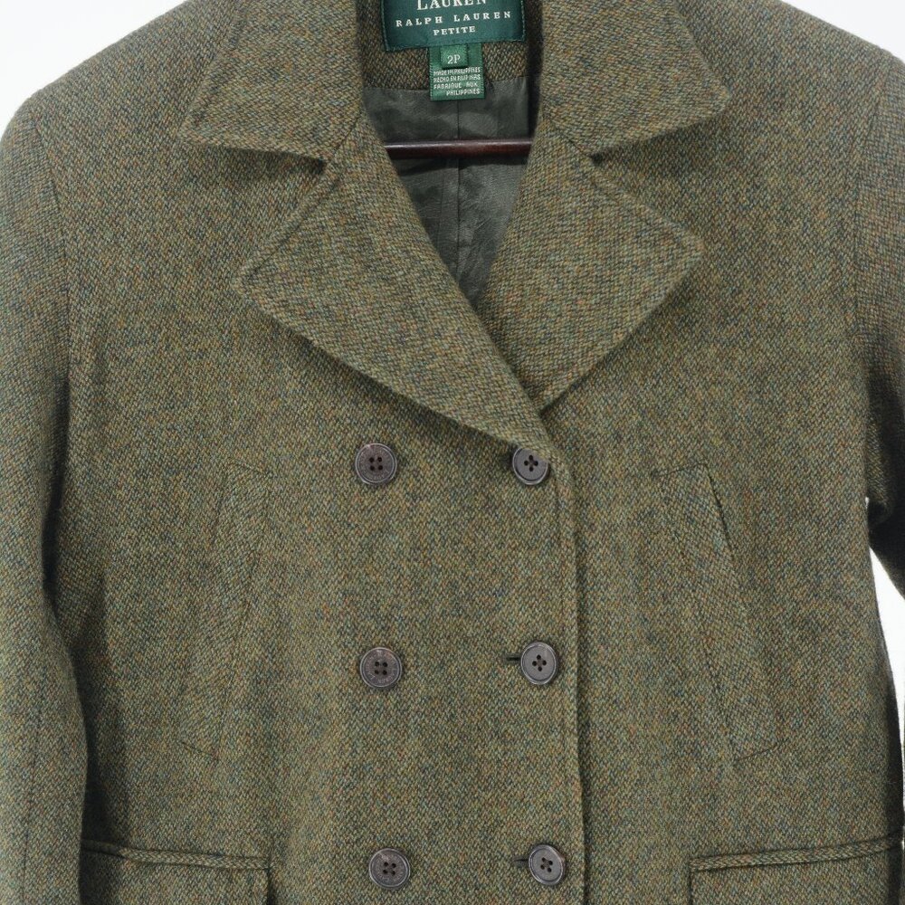 Lauren Ralph Lauren Petite 100% Lambswool Tweed Blazer –2P Double Breasted Olive